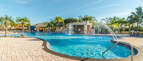 Seasonal outdoor pool, pool umbrellas, pool loungers