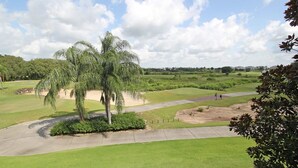 Un parcours de golf avec un palmier, une pelouse bien entretenue et un ciel dégagé.