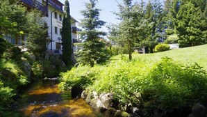 Un hôtel doté d’un jardin, d’un ruisseau et d’un bâtiment avec un balcon.