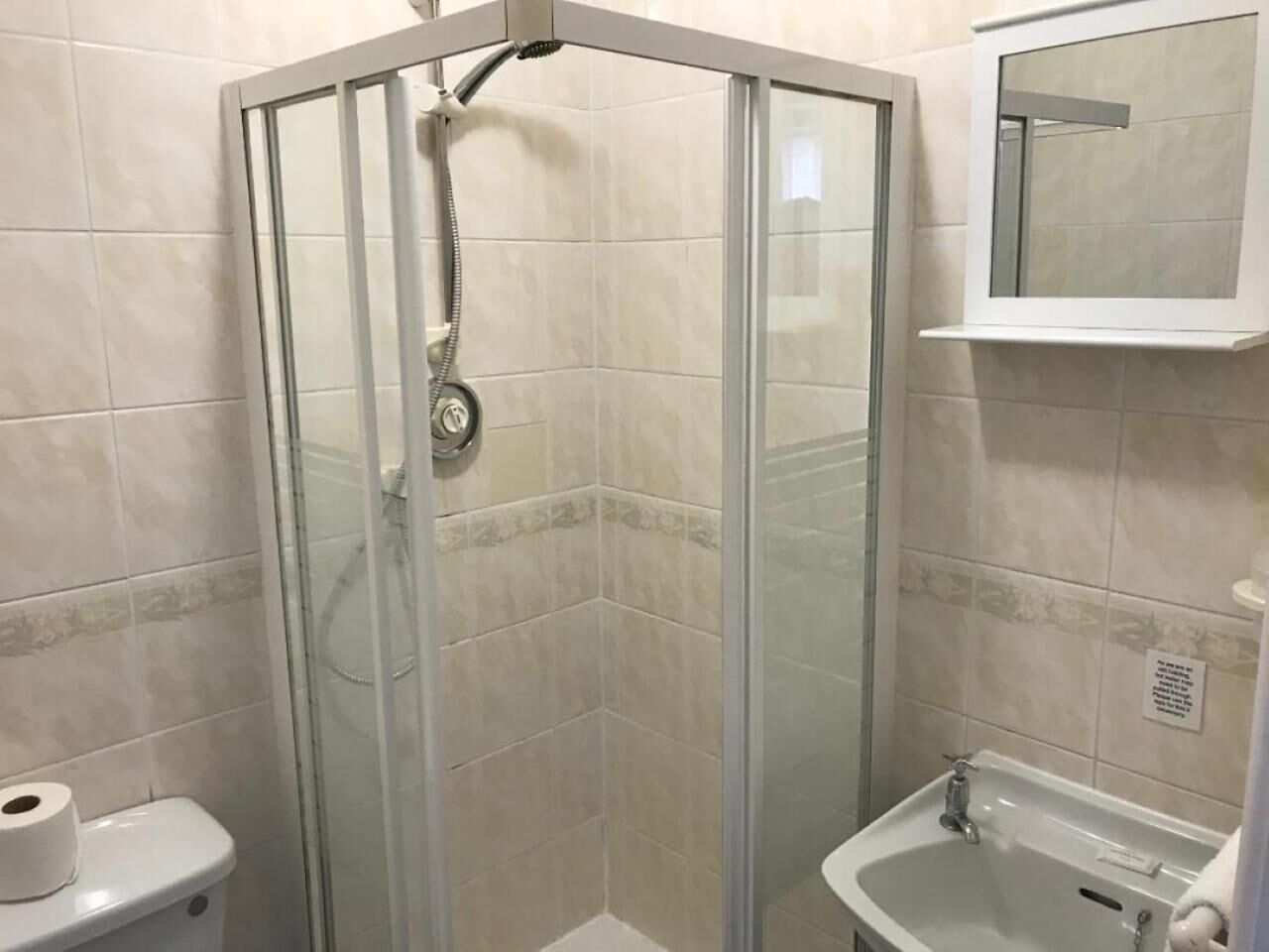 Een douche met glazen deur, een toilet en een wastafel met een spiegel erboven.