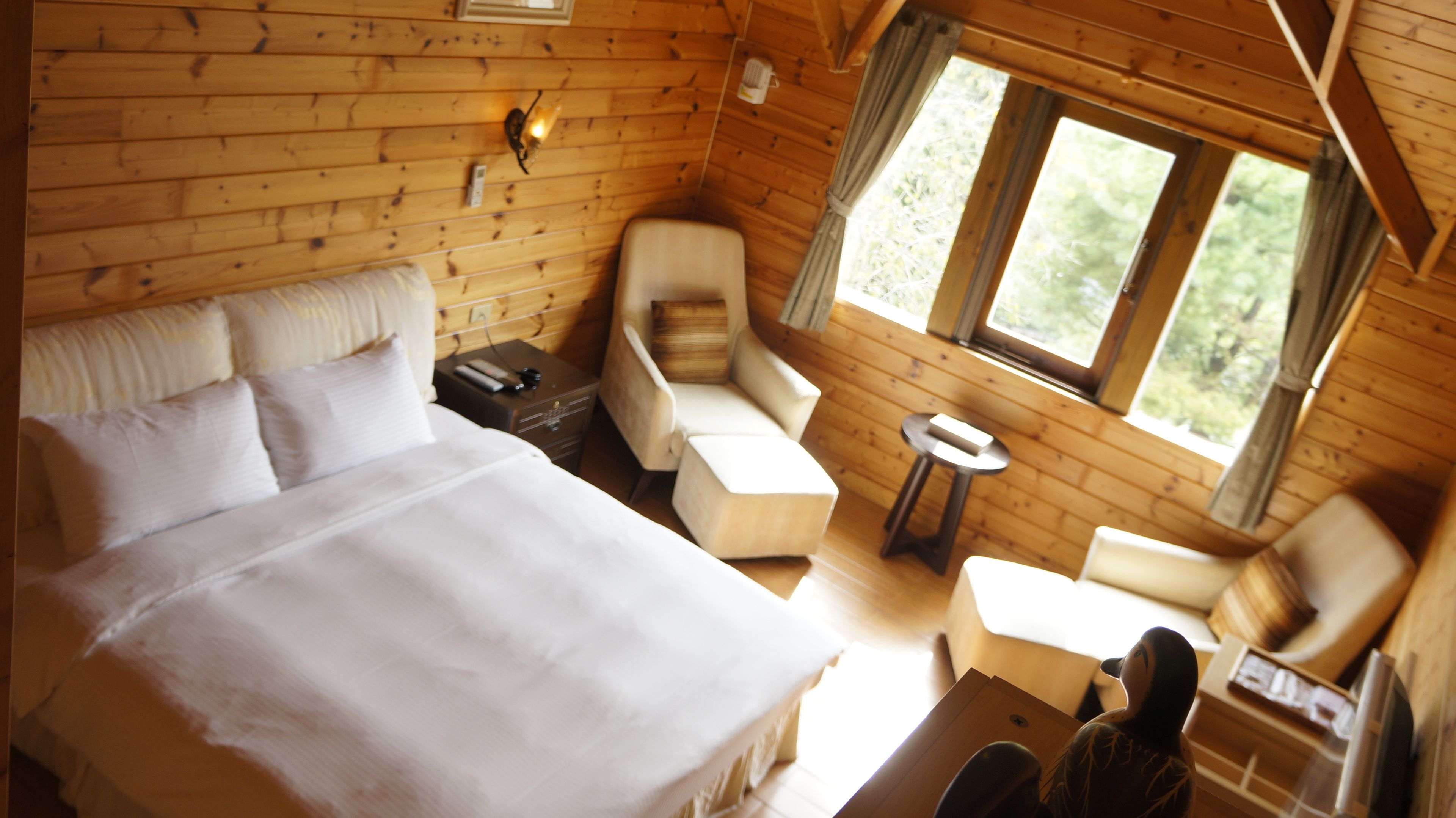 Camera di una baita in legno con un letto, due poltrone, un tavolino e una finestra vista verde.
