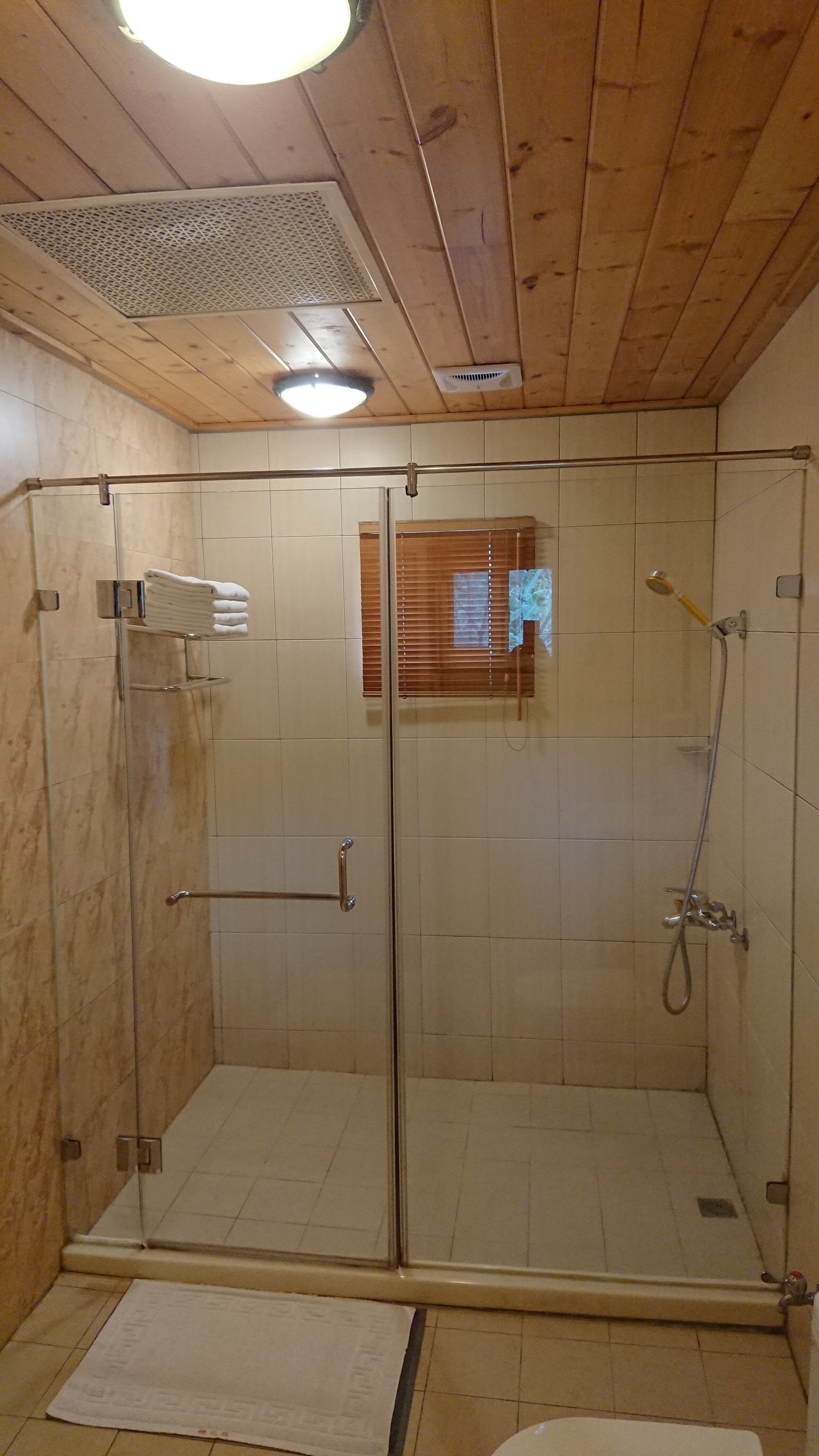 A glass-enclosed shower room with a wooden ceiling, a towel rack, and a showerhead.