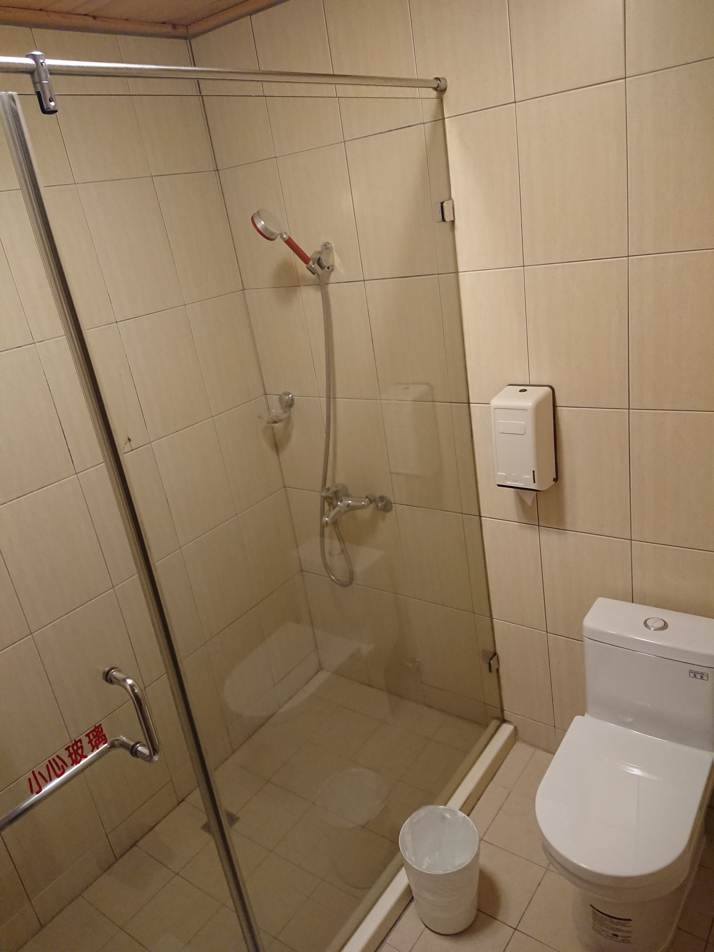 Een badkamer met een douchecabine van glas, een toilet en een zeepdispenser.