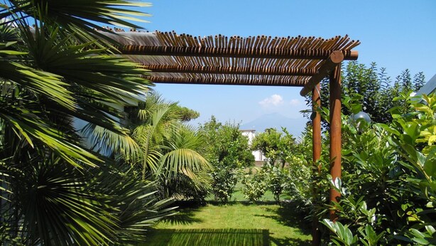 A garden with a pergola structure, lush greenery, and a clear view of a mountain in the background. - Villa Bianca (Castellammare di Stabia)