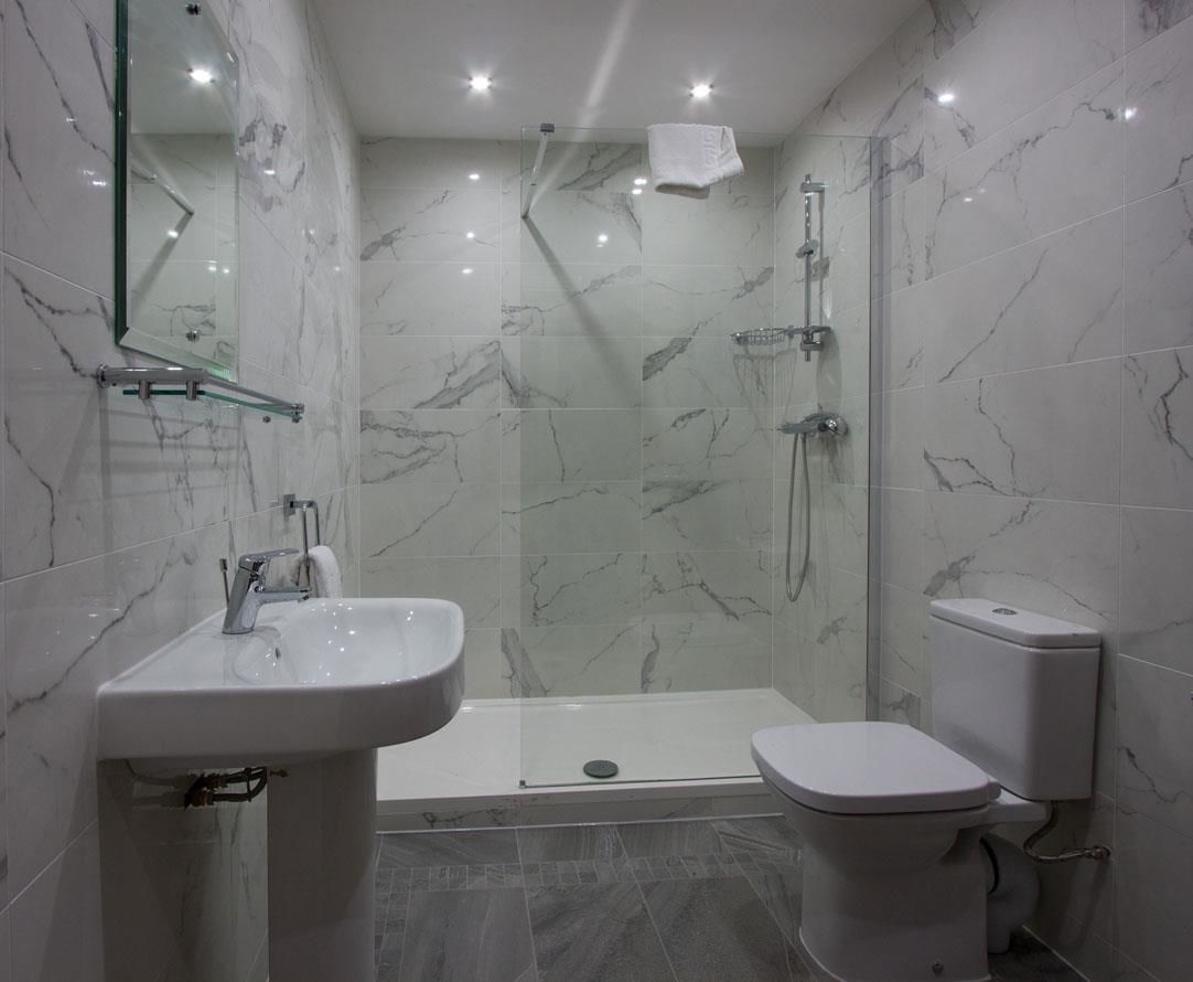 A modern bathroom with a glass-enclosed shower, a white sink, and a toilet.