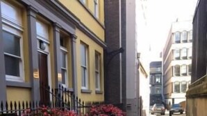 Una calle estrecha con edificios amarillos, una cerca de metal negro y macetas con flores.