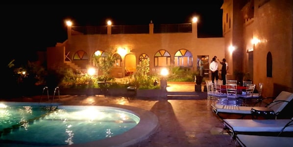 Outdoor pool, pool umbrellas, pool loungers