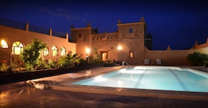 Outdoor pool, pool umbrellas, pool loungers