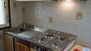 A compact kitchen with wooden cabinets, a gas stove, and a stainless steel sink.