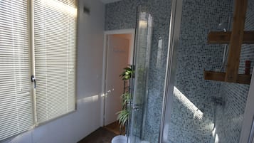 Combined shower/bathtub, hair dryer, towels, soap