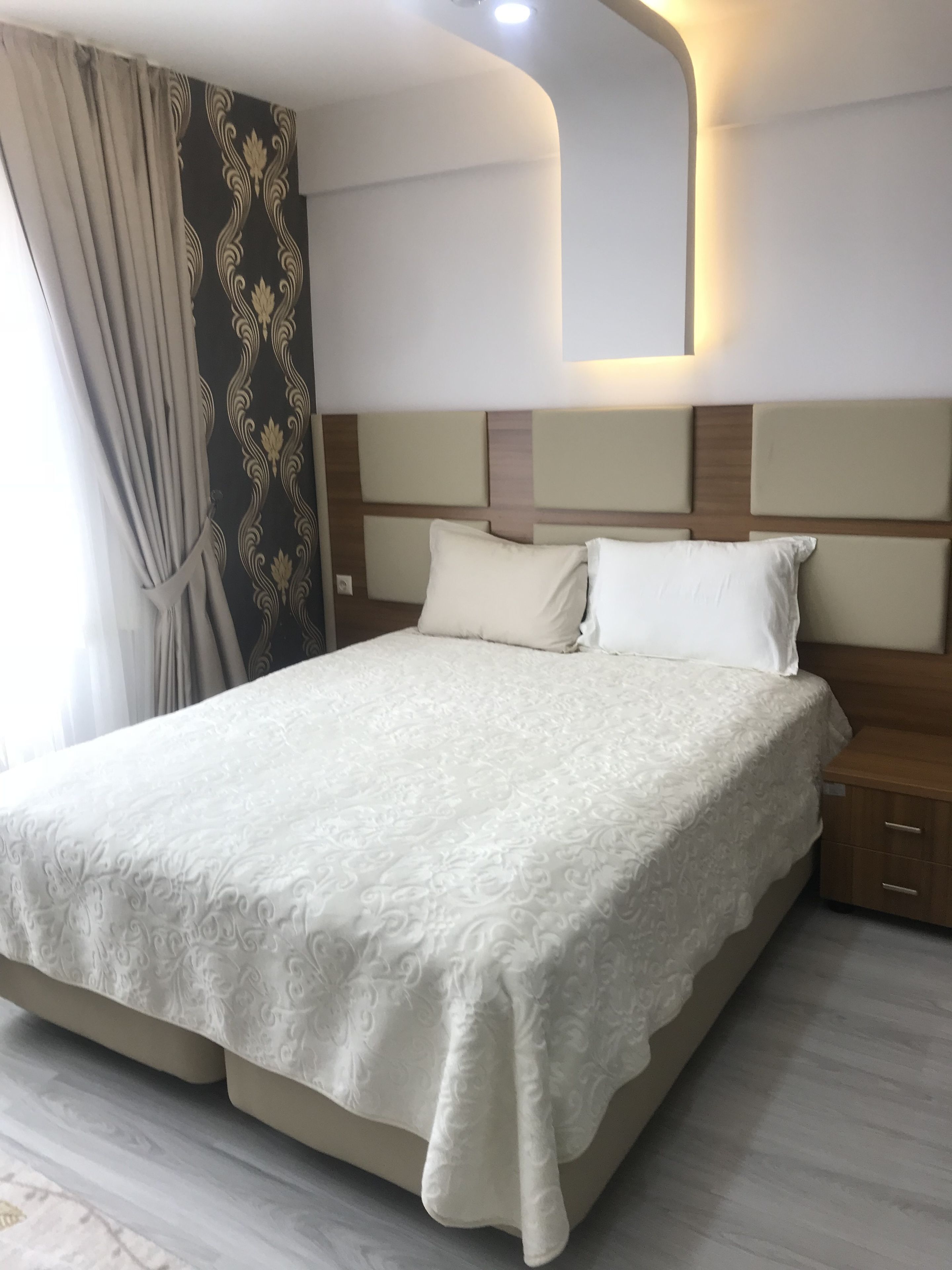 Desk, blackout drapes, soundproofing, iron/ironing board