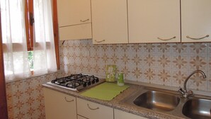Een keuken met een gasfornuis, twee spoelbakken en kastjes.