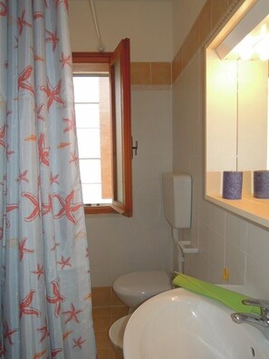 A bathroom with a toilet, a sink, and a window with a curtain.