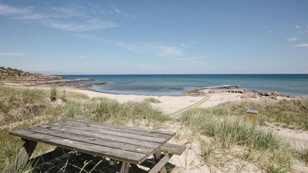 Een strand met een houten picknicktafel en een houten gebouw, waarschijnlijk een toilet, op de voorgrond.