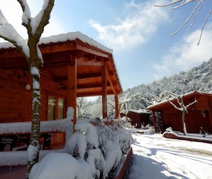 Una cabaña de madera con techo nevado y árboles circundantes, en un paisaje cubierto de nieve.