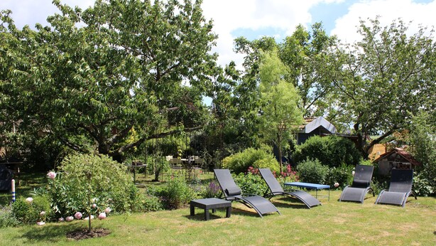 Un jardín con cuatro sillones de jardín, una mesa pequeña y un pabellón.