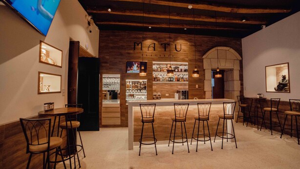 Zona de bar con techo de madera, taburetes y mostrador.