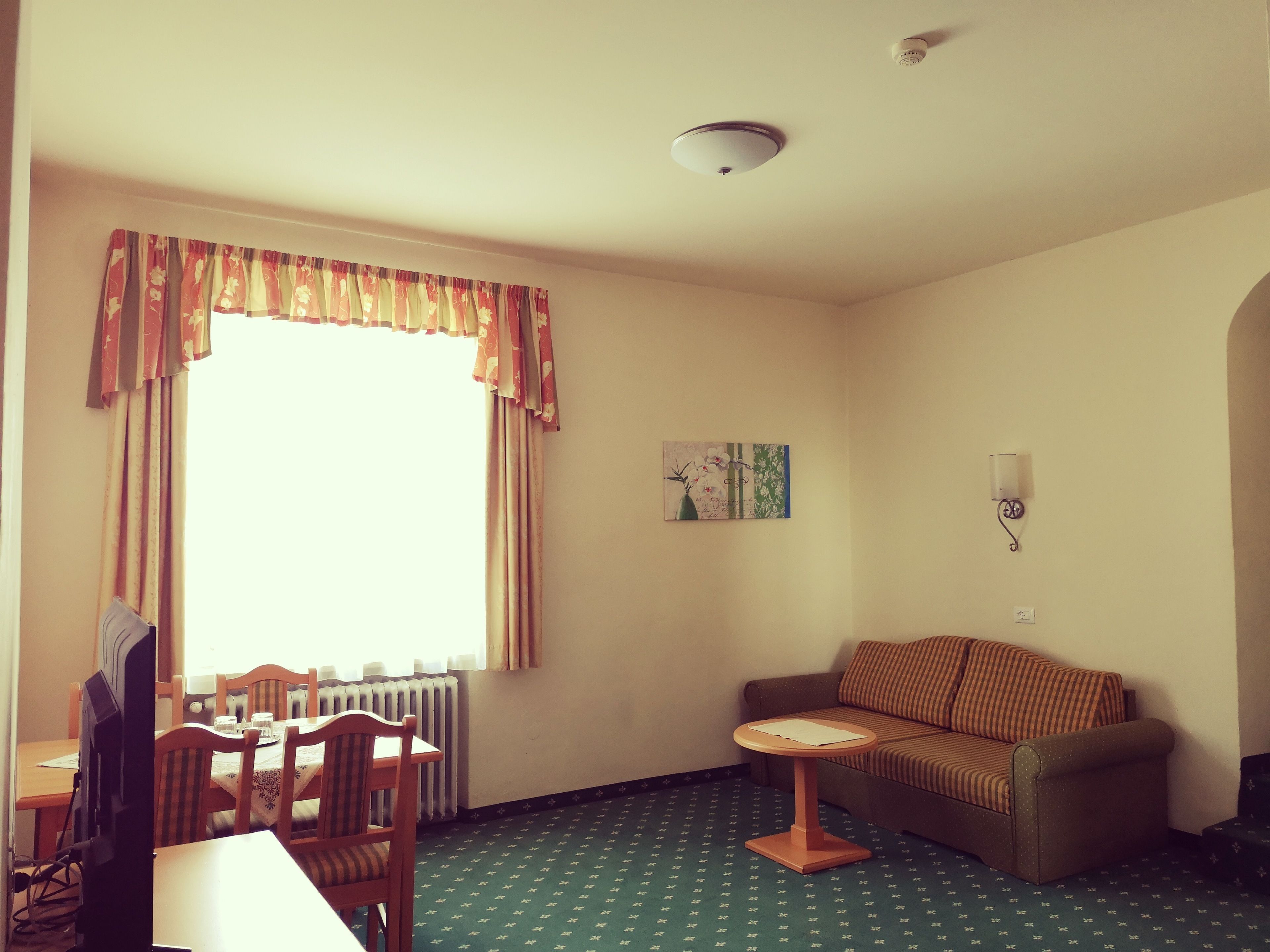 A room with a dining table, chairs, a sofa, a radiator, a window with curtains, a painting on the wall, and a ceiling light.