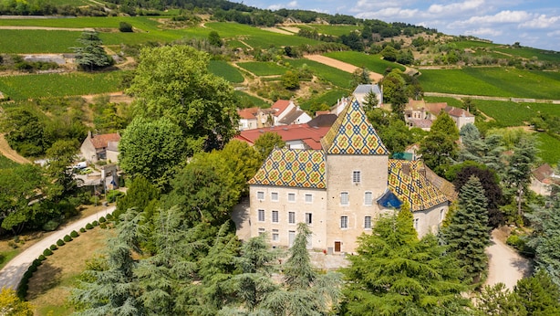 A historic building with a colorful roof, surrounded by lush greenery and vineyards. - Camping de Santenay (Santenay)