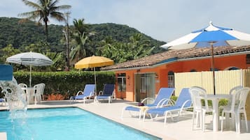 Outdoor pool, pool umbrellas, pool loungers