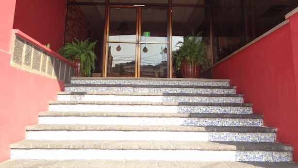 A staircase leading to a building entrance with glass doors and potted plants on either side.