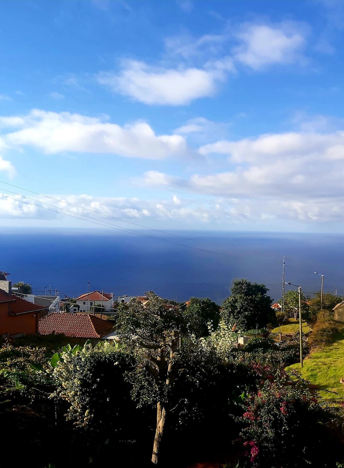A coastal landscape with houses and a view of the sea.