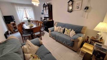 Una televisión, una chimenea, un reproductor de DVD, libros