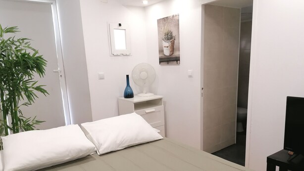 Une chambre à coucher avec un lit, une table de chevet, un ventilateur, une plante en pot et un tableau accroché au mur.