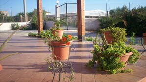 A covered outdoor area with terracotta planters containing various plants and flowers. - HOME RELAX: NATURE, GOOD FOOD FOLKLORE (Balestrate)