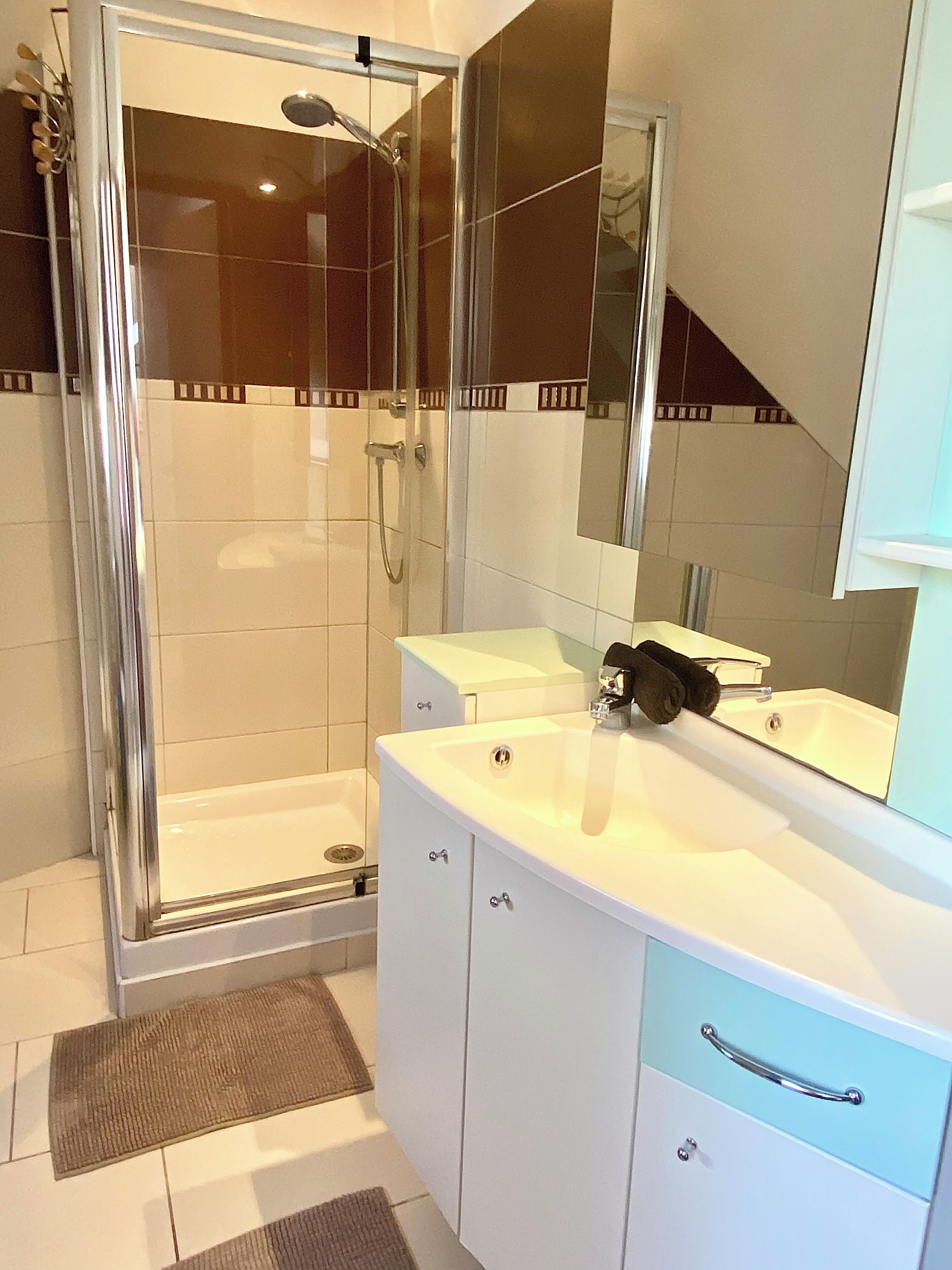 A modern bathroom with a glass-enclosed shower, white vanity with a mirror, and a towel rack.