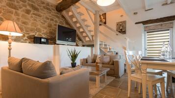 Télévision, lecteur de DVD, table de tennis de table, livres