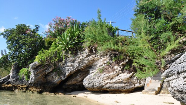 A rocky beach with clear water, a staircase leading up to a cliff, and lush greenery. - Tranquil Garden Setting, Private Waterfront - Sleeps 6, Twizy charger. (Somerset Village)