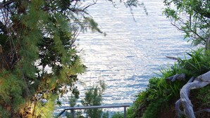 A set of stone steps leading down to a body of water, surrounded by greenery and a metal railing. - Tranquil Garden Setting, Private Waterfront - Sleeps 6, Twizy charger. (Somerset Village)