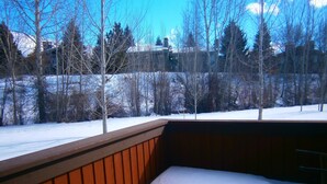 Une terrasse en bois recouverte de neige, entourée d’arbres et sous un ciel dégagé.