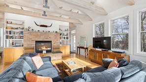 Smart TV, fireplace, DVD player, books