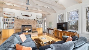 Smart TV, fireplace, DVD player, books