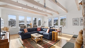Smart TV, fireplace, DVD player, books
