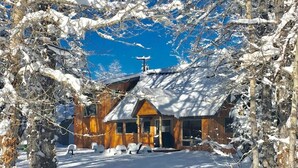 Une cabane en bois, dont le toit est recouvert de neige, entourée d’arbres et surplombée d’un ciel bleu clair.