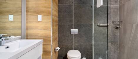Une salle de bain moderne équipée d’une douche, de toilettes et d’un lavabo.