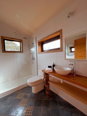 A modern bathroom with a shower, toilet, and vanity with a sink and mirror. - Refugio Pullao (Castro)