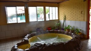 A spa area with a hot tub, tiled walls, and potted plants. - Cabañas Solitudine (Las Compuertas)
