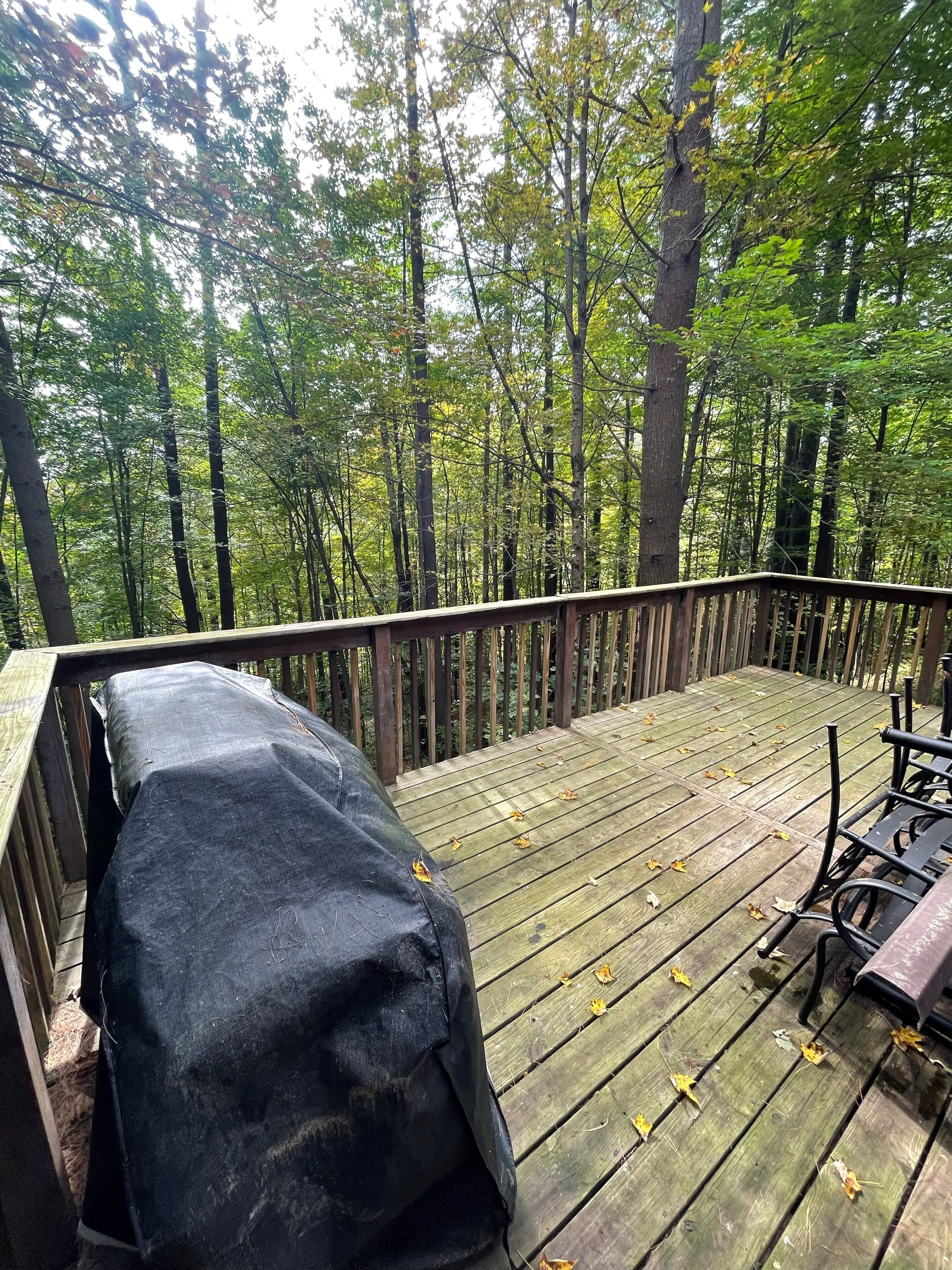 A wooden deck with a covered grill, surrounded by tall trees.