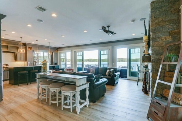 Smart TV, fireplace, table football, books