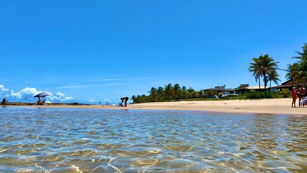 A beach with clear shallow waters, palm trees, and a few people. - Beach house with 4 suites and a pool. Comfort and privacy just steps from the sea. (Camaçari)
