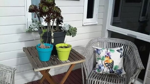 A small outdoor table with two potted plants and a wicker chair with a cushion. - Cosy cottage on mair (Ballarat)
