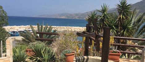 A coastal view with a stone wall, potted plants, and a wooden fence overlooking the sea.