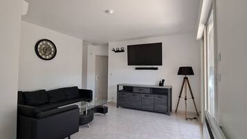 Smart TV, fireplace, books