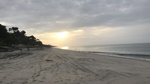 Platja amb empremtes que condueixen a l'aigua, un capvespre al fons i arbres a l'esquerra.