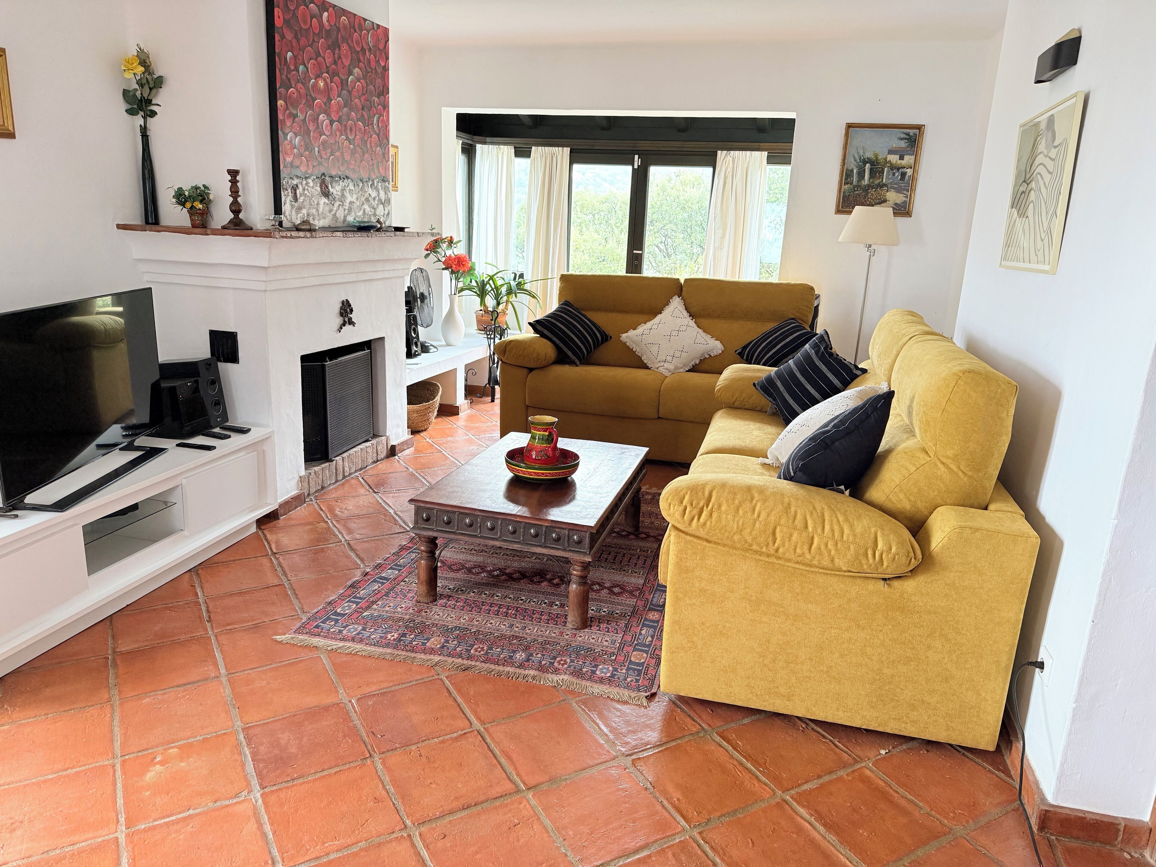 Una Smart TV, una chimenea, un reproductor de DVD, libros