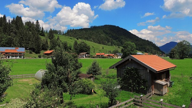 Ländliche Landschaft mit einer Holzhütte, einem grünen Feld und einem Berg im Hintergrund.